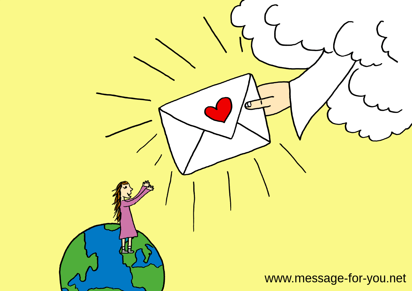 Coulored drawing of Child on Earth receiving letter from god from heaven