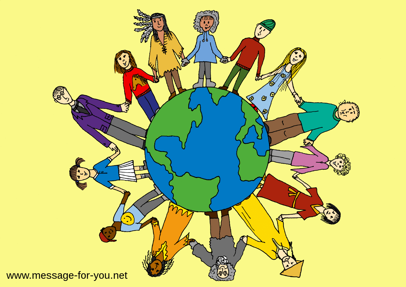 Coloured drawing of people holding hand around earth globe