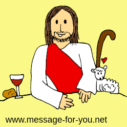 Zeichnung Jesus Christus mit Brot, Wein und Lamm